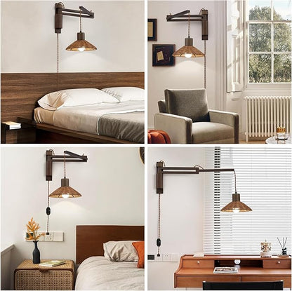 Wood Plug in Wall Sconces, Swing Arm Wall Lamp with Dimmable On Off Switch, Vintage Wall Mounted Light Fixture with Cord for Bedroom Nightstand Bedside Reading Lamp - Bulb Included