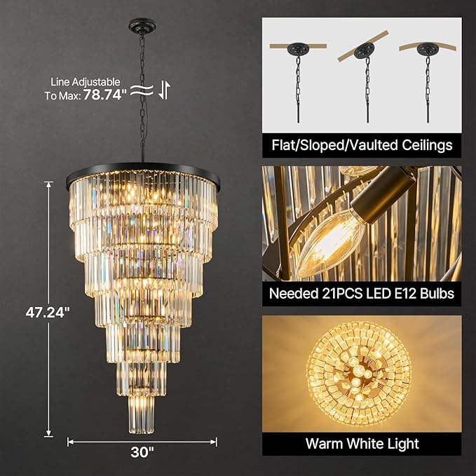 Crystal High Ceiling Chandelier Modern: 30-Inch 7-Tiered Black Staircase Chandeliers - Large Long Hanging Pendant Light Fixture For Entryway Foyer Living Room Luxury Round Flush Mount Ceilings Lights