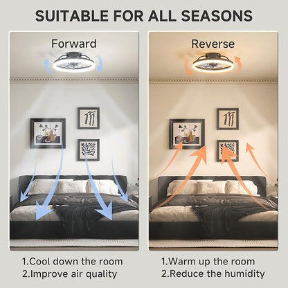VOLISUN Low Profile Ceiling Fan with Lights and Remote, 15.7in Bladeless Ceiling Fans with Light Flush Mount, 3000K-6500K Dimmable Modern LED Fan Light, Black Fandelier Ceiling Fans for Bedroom