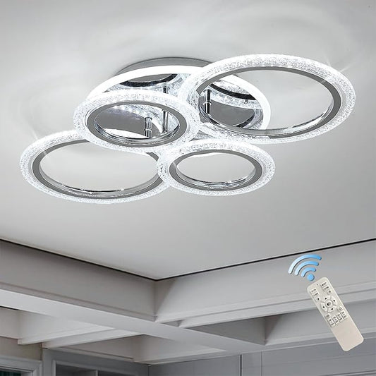 Garwarm Modern Ceiling Light 58W Dimmable Flush Mount LED Ceiling Lamp 4 Rings Acrylic Ceiling Chandelier for Living Room Dining Room Bedroom,Chrome