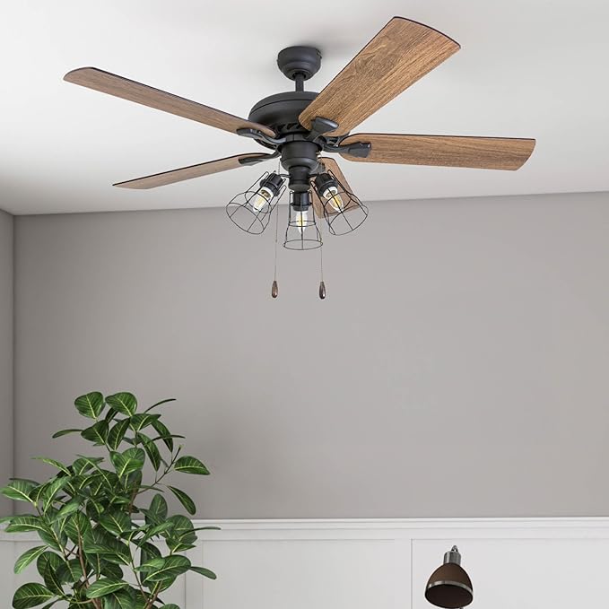 Prominence Home Lincoln Woods, 52 Inch Industrial Style LED Ceiling Fan with Light, Remote Control, Three Mounting Options, 5 Dual Finish Blades, Reversible Motor - 50745-01 (Bronze)