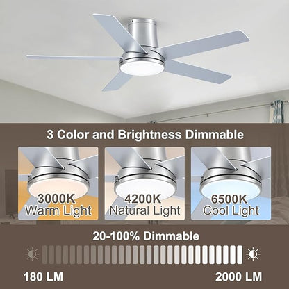 52 Inch Ceiling Fans with Lights and Remote, Flush Mount Nickel Ceiling Fan for Bedroom Living Room Indoor/Outdoor, Quiet 6 Speed Reversible DC Motor, 3CCT, Dual Color 5 Blades, ETL Listed