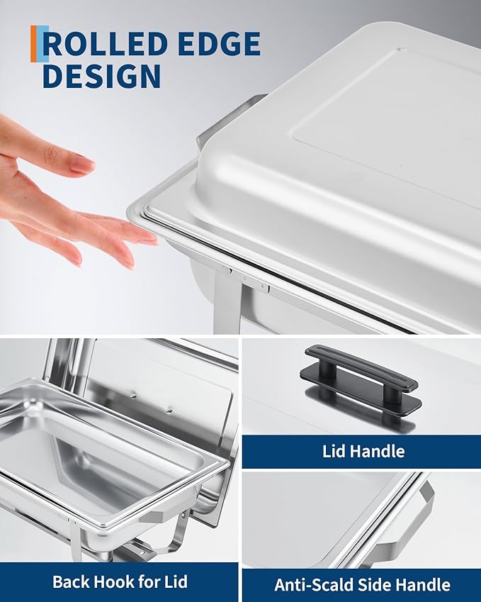 Garvee Chafing Dish Buffet Set 6 Pack, 8QT Buffet Servers and Warmers Set with Lid & Foldable Frame, Rectangular Stainless Steel Chafer Food Warmer for Parties Wedding Catering Supplies, Silver