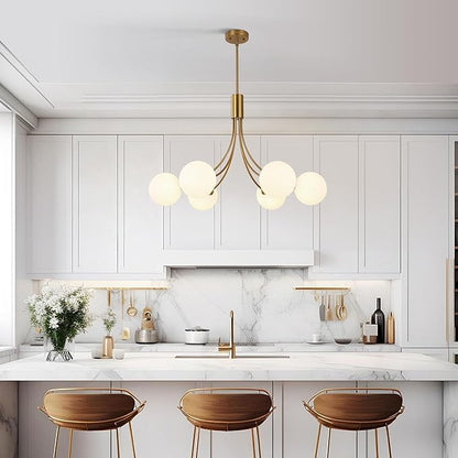 CNRATYE 6-Light Modern Farmhouse Gold Chandeliers for Dining Room Light Fixture, Mid Century Hanging Sputnik Chandelier for Living Room Kitchen Island Bedroom Foyer, Milk White Globe Glass Shade