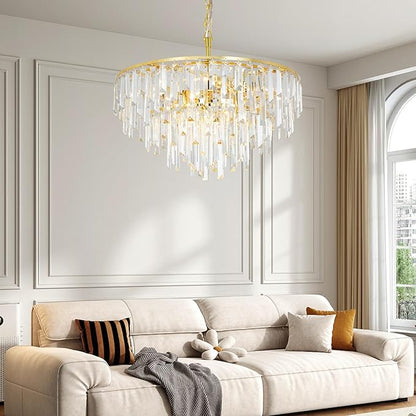 Gold Crystal Chandelier for Dining Room, 24" Modern Round Top K9 Crystal Chandeliers 5-Tier 8 Lights Adjustable Ceiling Hanging Pendant Light Fixture for Living Room Bedroom Foyer