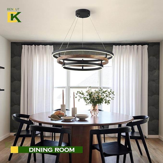 Benkut 3 Rings Modern LED Chandelier Black Dimmable Circular Pendant Light for Dining Room, Foyer Chandelier with Remote Control Flush Mount High Ceiling Light for Kitchen Living Room, D30.7In