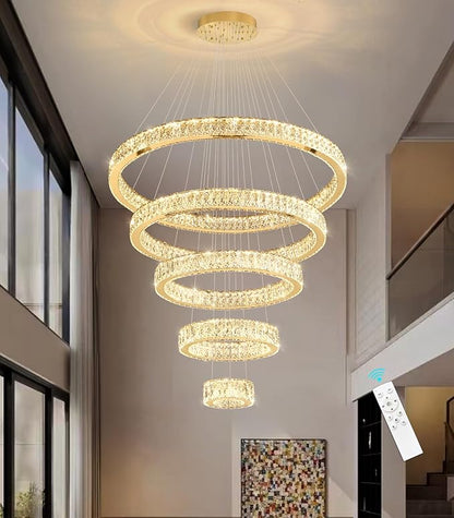 Modern High Ceiling Crystal Chandelier 90W Dimmable LED Chandeliers with Remote Luxury Height Adjustable Large Lighting Fixtures for Living Room Staircase Foyer Gold
