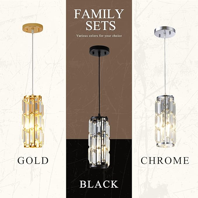 Black Pendant Lights Modern Pendant Light, Mini Crystal Pendant lamp, Adjustable Pendant lamp for Kitchen, Dining Room, Bedroom (Black Pack of 1)