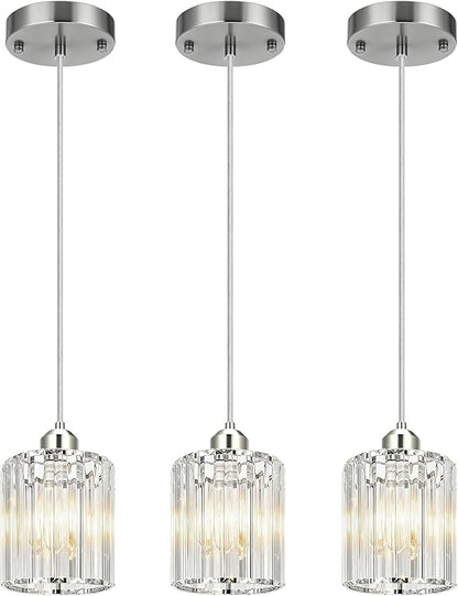 3 Pack Pendant Lights Kitchen Island, Modern Island Lights for Kitchen with Crystal Glass – Luxury Nickel Pendant Lights for Kitchen Island, Dining Table, Entryway, Restaurant