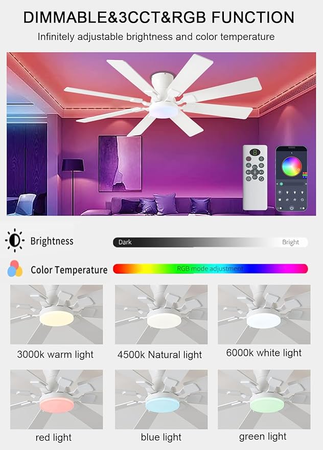 JSAITEE 52 inch Ceiling Fan with Light, 6 Speeds Reversible Low Profile Ceiling Fan with Light and Remote/APP Control, 3 Color Temp+Dimmable RGB, 8 Blades, Flush Mount Quiet Ceiling Fans, White