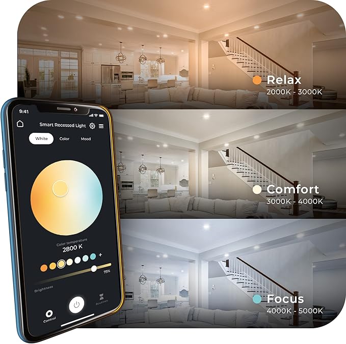 GLOBE Electric 50466 Wi-Fi Smart 3" Ultra Slim LED Recessed Lighting Kit 2-Pack, No Hub Required, Voice Activated, 7 W, Multicolor Changing RGB, Tunable White 2000K - 5000K, 390 Lumens, Wet Rated