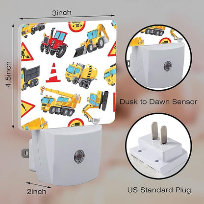 Cartoon Construction Vehicles Building Machines Night Light for Kids,Colorful Trucks Cars and Road Signs Night Light Plug in with Dusk to Dawn Sensor,0.5w Energy Saving Nightlight for Home Decor