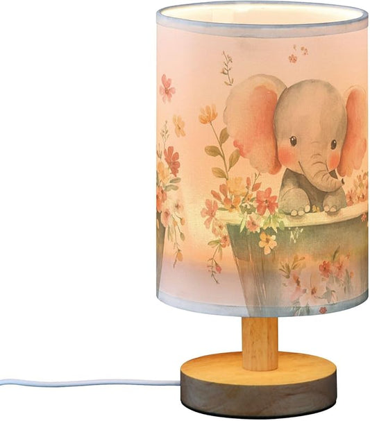 Cute Elephant Pink Floral in Tub Table Lamp with Wood Base Fabric Lamp Shade Bedside Nightstand Desk Lamp for Living Room Bedroom Kids Room Office