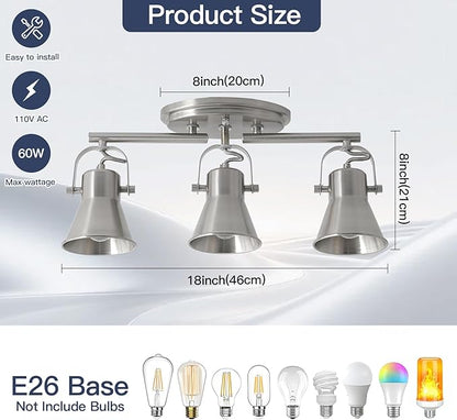 Nickel 3-Light Track Lighting Kit, Directional Ceiling Light Fixtures, Industrial Kitchen Lighting for Island, Over Table, Hallway，Laundry Room