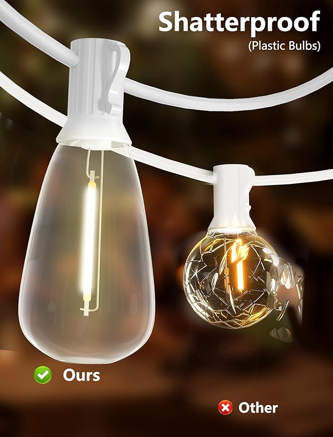 50FT Outdoor LED String Lights, White String Lights with 25 Shatterproof ST35 LED Vintage Edison Bulbs, Waterproof Hanging Patio Lights for Outside Backyard Garden