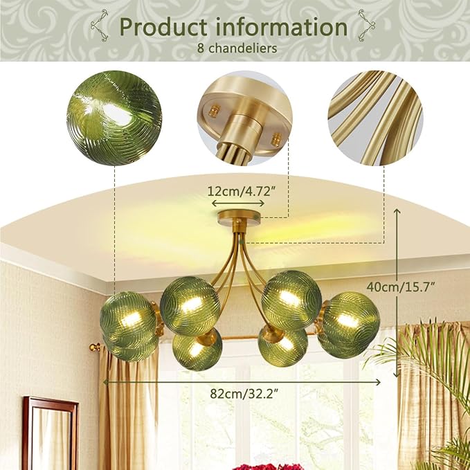 8-Light Flush Mount Light Vintage Gold Sputnik Chandelier Light Fixtures Ceiling Mount Green Round Glass Globe Shade, Semi Flush Mount Ceiling Light for Living Room Kitchen