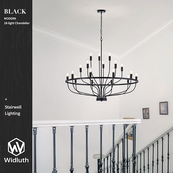 39.4“ Industrial Black Chandelier Rustic Vintage 18-Lights Candle Style Chandeliers Light Fixture Large Retro Black Chandelier for Dining Room, Kitchen Island, Living Room, E12