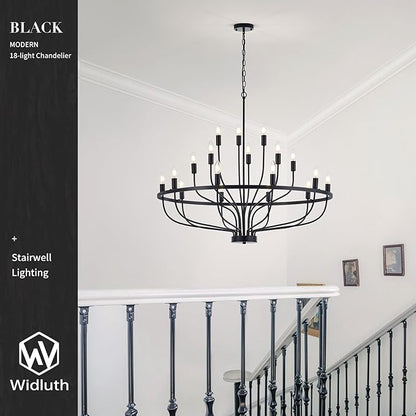 39.4“ Industrial Black Chandelier Rustic Vintage 18-Lights Candle Style Chandeliers Light Fixture Large Retro Black Chandelier for Dining Room, Kitchen Island, Living Room, E12