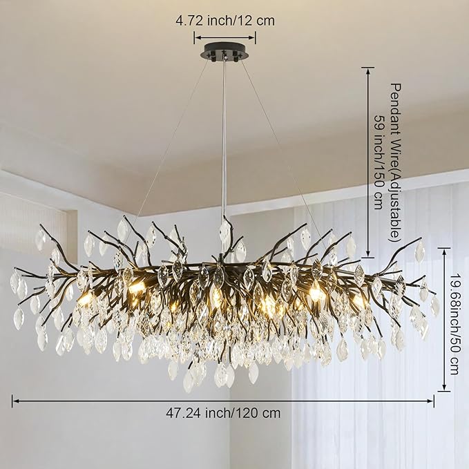 Large Crystal Chandeliers for Dining Room, L47.2" Black Tree Branch Rectangular Chandelier, Dining Room Light Fixture 13-Light High Ceiling Pendant Lights, Linear Chandeliers for Foyer, Living Room