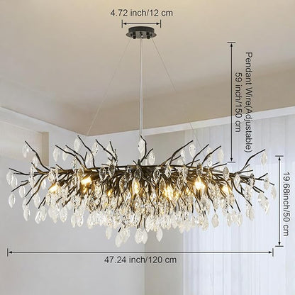 Large Crystal Chandeliers for Dining Room, L47.2" Black Tree Branch Rectangular Chandelier, Dining Room Light Fixture 13-Light High Ceiling Pendant Lights, Linear Chandeliers for Foyer, Living Room