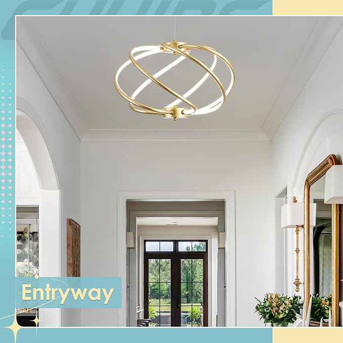 CHYING Modern Gold Chandelier with Remote Control, 48W 3-Color Temperature Dimmable LED Chandelier for Dining Room, Hanging Adjustable Pendant Light for Living Room Kitchen Entryway Foyer