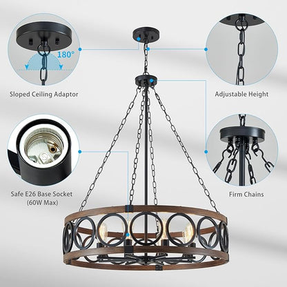 XINGQI Modern Farmhouse Chandelier 32.3" Large Drum 8 Lights Rustic Pendant Lighting Fixture for Living Room Dining Room Kitchen Island Bar Office, Round Metal Shade Black Wood Grain Finish