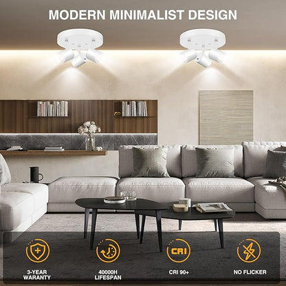 VANoopee 5 Color 3 Light LED Ceiling Spot Light Indoor Flush Mount Directional Adjustable Spotlight Fixtures Close to Ceiling for Kitchen Hallway Modern LED Track Lighting Kit Dimmable 30W Matte White