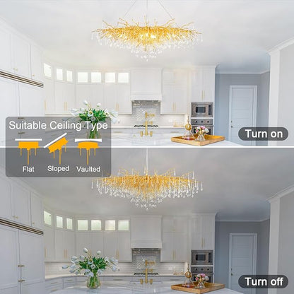 Gold Chandeliers for Dining Room Crystal Tree Branch Chandelier,47.24 Inch Modern Raindrop Chandeliers,Oval Dining Table Chandelier for Living Room,Entryway