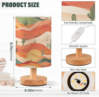 Bedside Table Lamp Western Desert Cacti Nightstand Lamp with Wood Desk Lamps for Bedroom Living Room Nursery Office Home Decor