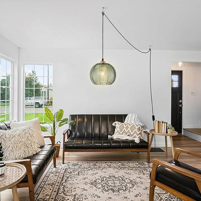 Plug in Pendant Lighting, 8.6" Green Glass Pendant Light Plug in Hanging Light Fixture with Cord, Mid Century Modern Hanging Lamp for Living Room Bedroom Dining Room Kitchen