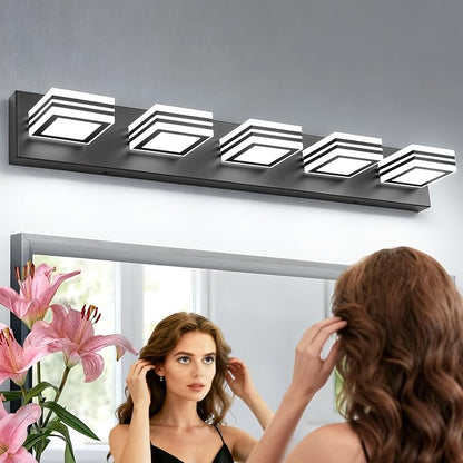 SOLFART LED Bathroom Lighting Fixtures - 5 Lights Modern Matte Black Acrylic Vanity Lights for Mirror 32inch 24W
