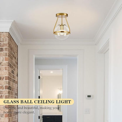 Bagood 6" Globe Semi Flush Mount Ceiling Light Fixture Modern Gold Semi Flush Mount Ceiling Light Mid Century Ceiling Light with Clear Glass Shade Brass Finish for Hallway Bathroom Foyer (Bulb Incl.)