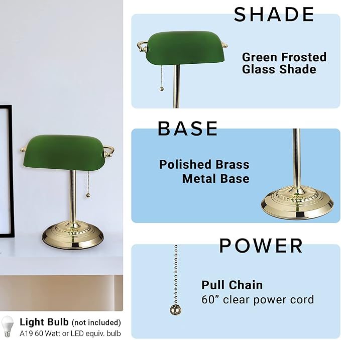 Catalina Lighting 17466-017 13.5'' Traditional Banker's Lamp Light Fixture with Green Glass Cylinder Shade for Office, Library, Living Room, or Dorm, Polished Brass