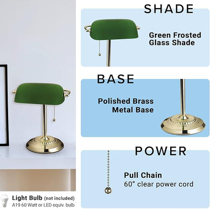 Catalina Lighting 17466-017 13.5'' Traditional Banker's Lamp Light Fixture with Green Glass Cylinder Shade for Office, Library, Living Room, or Dorm, Polished Brass