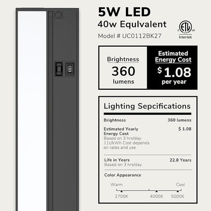 LAGOM Halo Under Cabinet Light, 12‑Inch Hardwired Dimmable LED, 2700K/4000K/5000K, Power Cord Sold Separately, Black, UC0112BK27