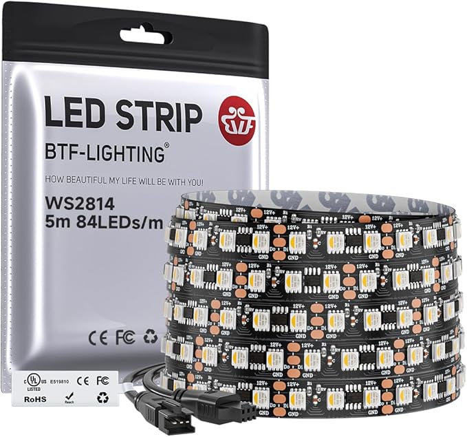 BTF-LIGHTING WS2814 IC RGBW RGB+Cool White(Similar WS2812B),Addressable DC12V 16.4FT 84LED/m 28pixel/m,UL Listed,4 Colors in 1 Dream Color LED Strip 12mm Width PCB IP30(No Adapter or Controller)