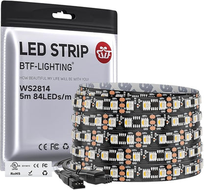 BTF-LIGHTING WS2814 IC RGBW RGB+Warm White(Similar WS2812B),Addressable DC12V 16.4FT 84LED/m 28pixel/m,UL Listed,4 Colors in 1 Dream Color LED Strip 12mm Width PCB IP30(No Adapter or Controller)