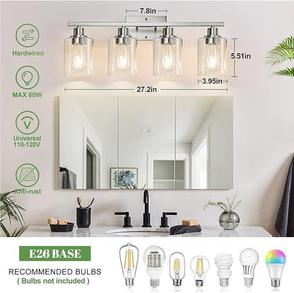 MOKATNG 4-Light Bathroom Light Fixtures, Vanity Light with Clear Glass Shades, Brushed Nickel Bathroom Light Fixtures Over Mirror, Modern Bathroom Wall Lamp for Mirror Living Room Cabinet Bedroom