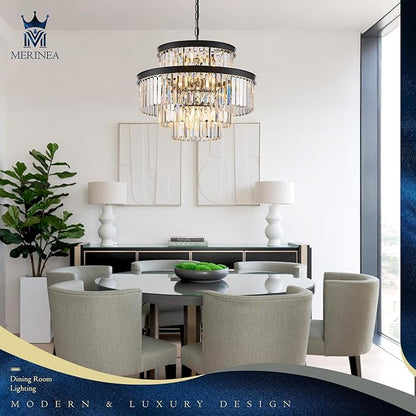 15 Lights Black Crystal Chandeliers 22" 4-Tier Luxury K9 Crystal Lighting Modern Round Ceiling Pendant Light Fixture for Living Room Dining Room Bedroom Kitchen Foyer
