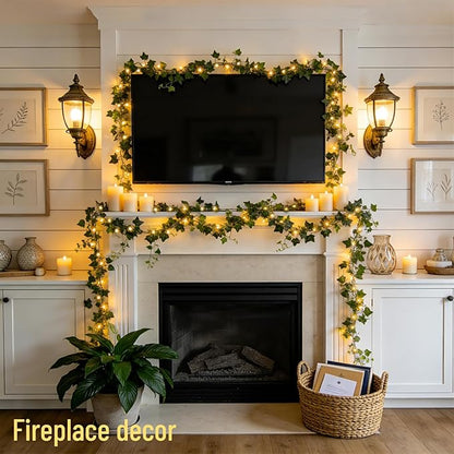 JMEXSUSS 33Ft Vines with Lights Battery Operated, 100 LED Ivy Vines with Fairy Lights Leaf with Remote for Bedroom Wall Classroom Dorm Wedding Birthday Party Decor(Warm White)