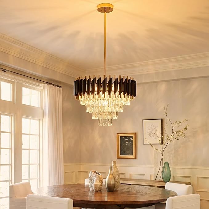 Modern Crystal Chandelier 5-Lights Black and Gold Chandelier for Dining Room Light Fixture 4-Tier Round Pendant Flush Mount Chandeliers Ceiling Lighting for Living Room Kitchen Bedroom Foyer