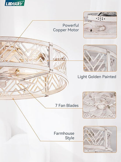 LEDIARY 23" Caged Ceiling Fan with Light, Large Flush Mount, App&Remote Control, Low Profile Bladeless Fan Light Fixture 6 Speed, Reversible and Quiet Motor-White Gold