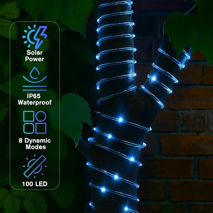ANJAYLIA 33FT 100 LED Solar Rope Lights Outdoor Waterproof, Solar Powered Rope String Lights with 8 Modes for Outdoor, Patio, Garden, Camping, Holiday & Christmas Décor Blue