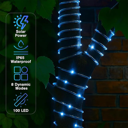 ANJAYLIA 33FT 100 LED Solar Rope Lights Outdoor Waterproof, Solar Powered Rope String Lights with 8 Modes for Outdoor, Patio, Garden, Camping, Holiday & Christmas Décor Blue