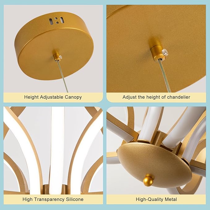 CHYING Modern Gold Chandelier with Remote Control, 10-Light 70W 3-Color Temperature Dimmable LED Chandelier for Dining Room, Hanging Adjustable Pendant Light for Living Room Kitchen Entryway Foyer