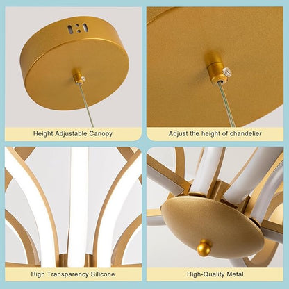 CHYING Modern Gold Chandelier with Remote Control, 10-Light 70W 3-Color Temperature Dimmable LED Chandelier for Dining Room, Hanging Adjustable Pendant Light for Living Room Kitchen Entryway Foyer