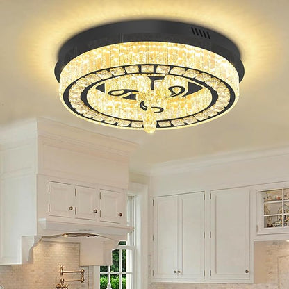 20'' Black Modern Crystal Chandelier LED Dimmable Flush Mount Crystal Ceiling Light for Living Room Bedroom Dining Room