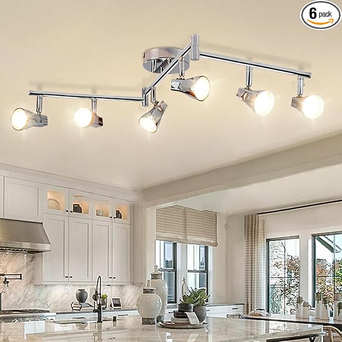 DLLT Modern LED Track Lighting Kit-6 Lights Adjustable Decorative Track Light Fixture, 6 Way Flush Mount Ceiling or Wall Spotlight for Kitchen, Dining Room, Hallway, Bedroom, Warm Light, Silver