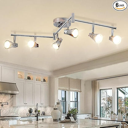DLLT Modern LED Track Lighting Kit-6 Lights Adjustable Decorative Track Light Fixture, 6 Way Flush Mount Ceiling or Wall Spotlight for Kitchen, Dining Room, Hallway, Bedroom, Warm Light, Silver