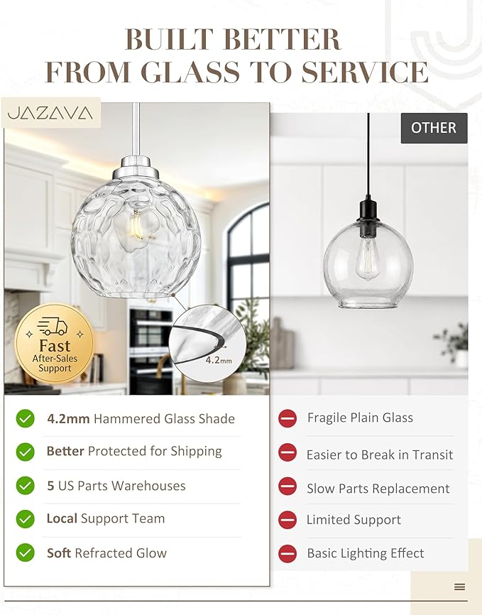 8 Inch Modern Farmhouse Pendant for Kitchen Island, Adjustable Height Hanging Fixture with Hammered Glass, Brushed Nickel, Dining Room Entryway - PL101HBN-L